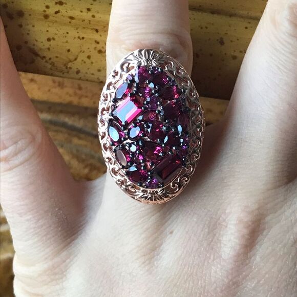 Natural Rhodolite Garnet Sterling Silver Cocktail Ring Size 7 - Picture 1 of 10